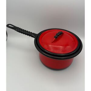 Vintage Enamelware Vollrath Kook King Ware Red Black Saucepan 4 QT